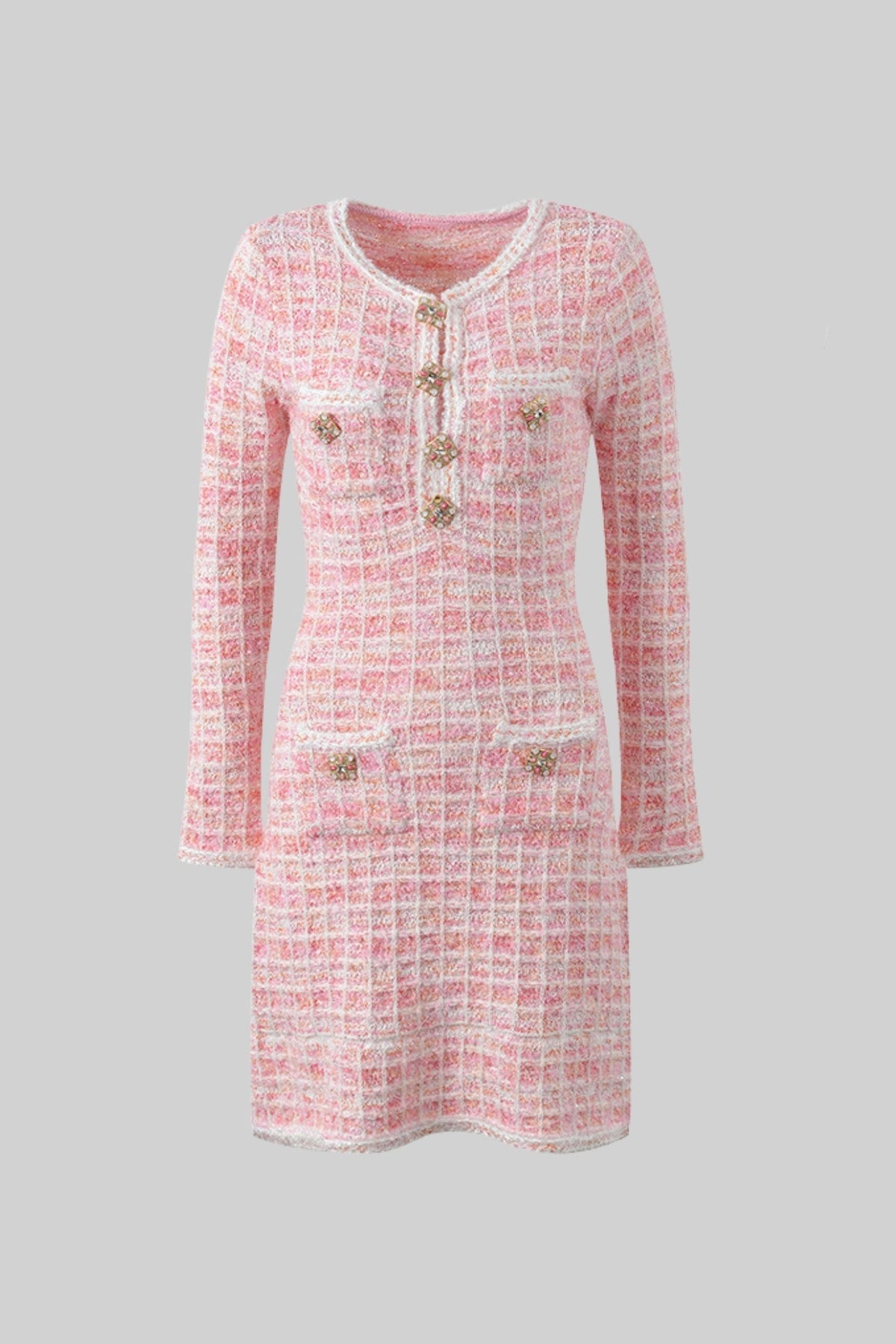 Long Sleeve Check Tweed Mini Dress with Jewel Buttons – Pink – view 2