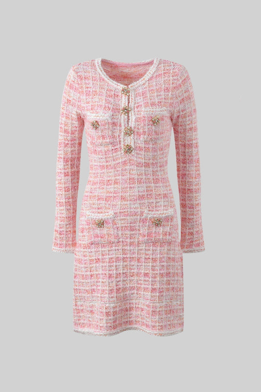 Long Sleeve Check Tweed Mini Dress with Jewel Buttons – Pink