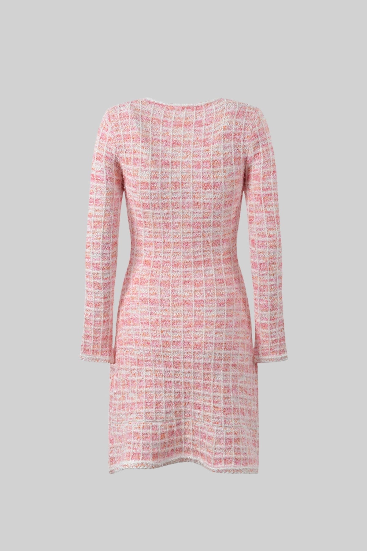 Long Sleeve Check Tweed Mini Dress with Jewel Buttons – Pink – view 2