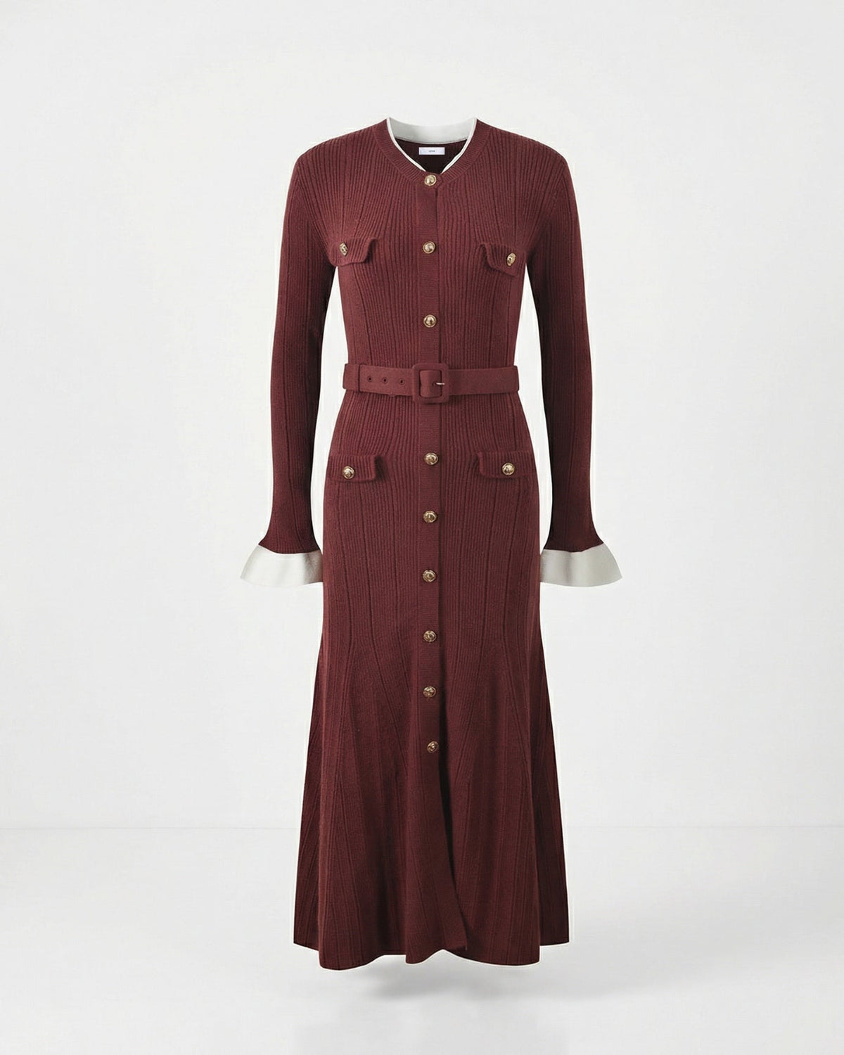 Paris-Inspired Long Sleeve Acrylic Blend Midi Dress with Belt