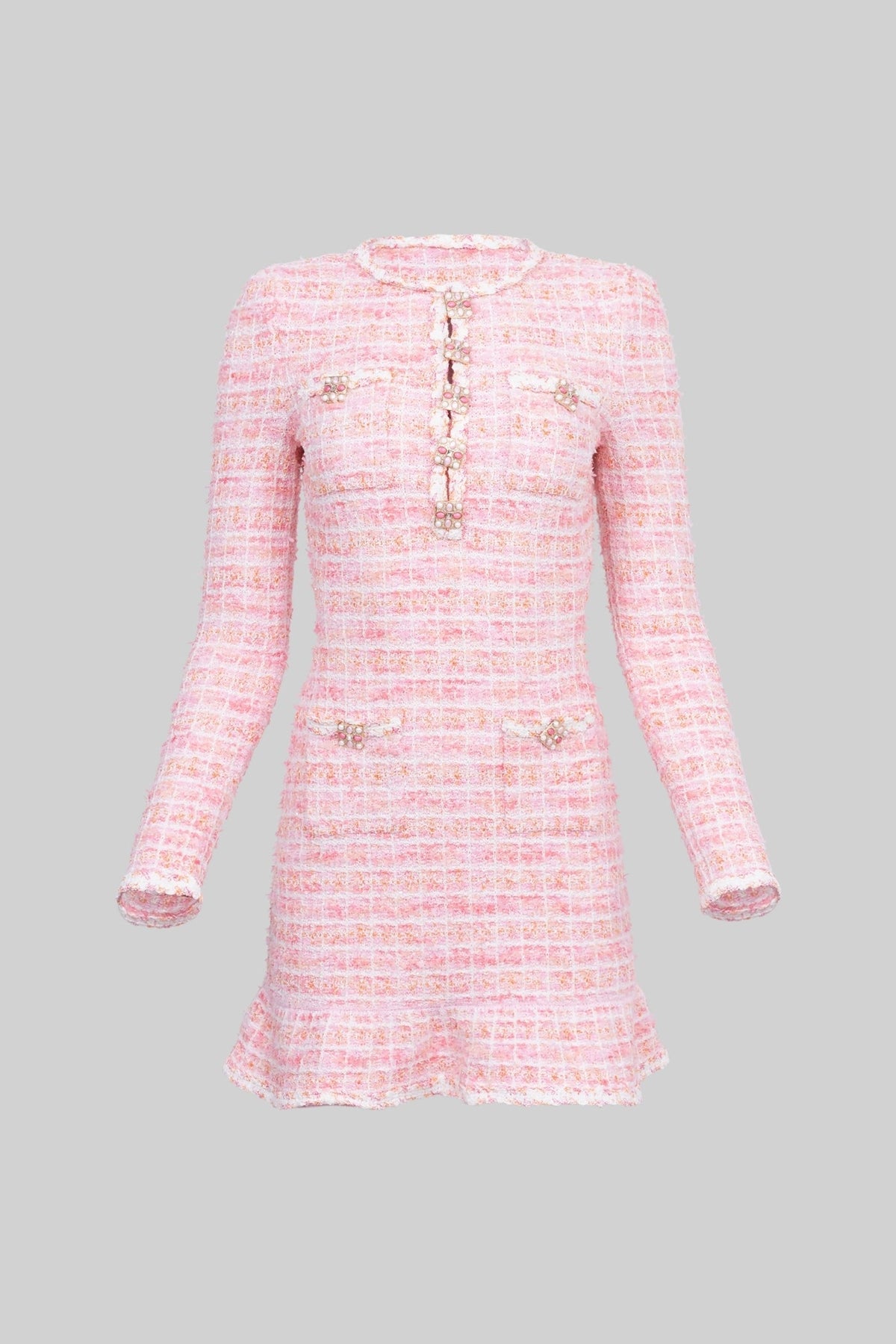 Long Sleeve Check Tweed Mini Dress with Jewel Buttons – Pink – view 3