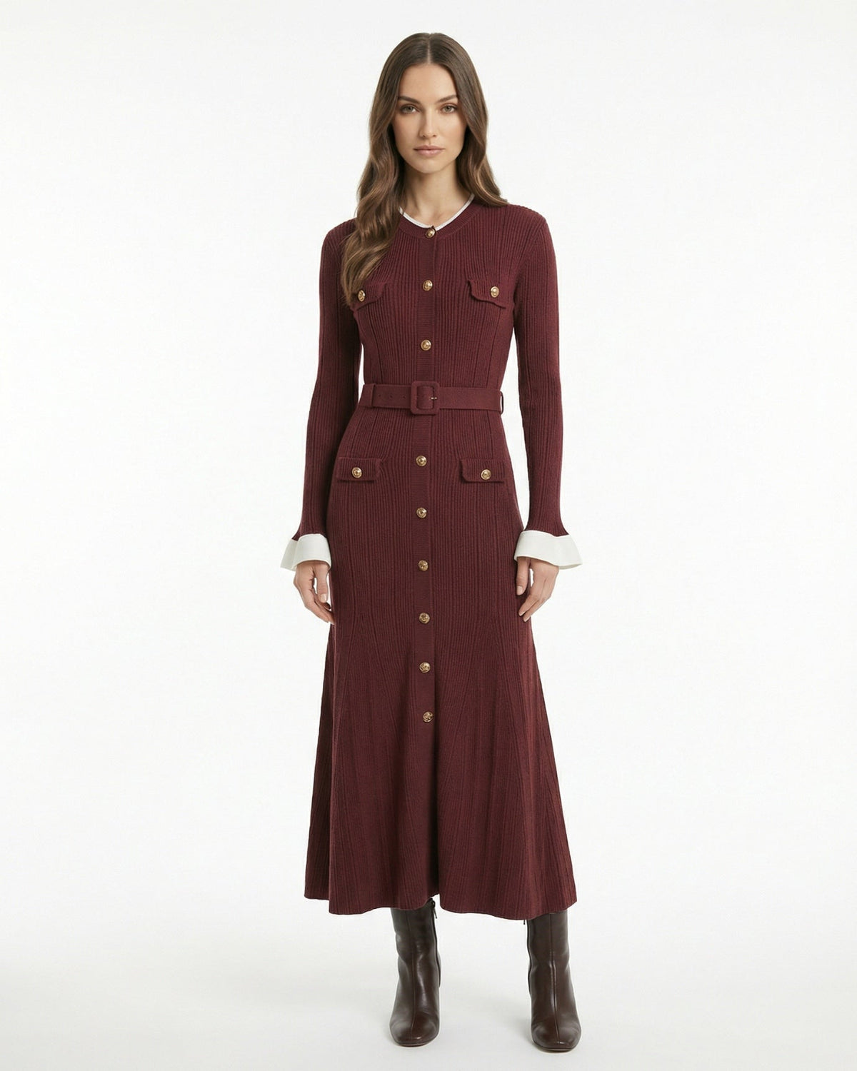 Paris-Inspired Long Sleeve Acrylic Blend Midi Dress with Belt – view 7