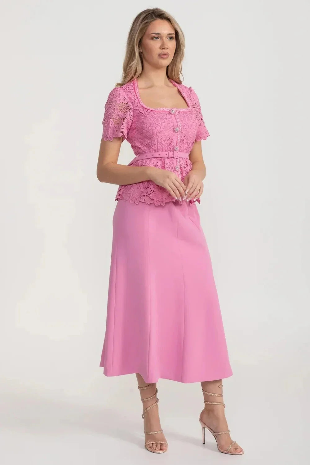 Short Sleeve Lace Top Midi Dress with Matching Belt – Pink – view 4