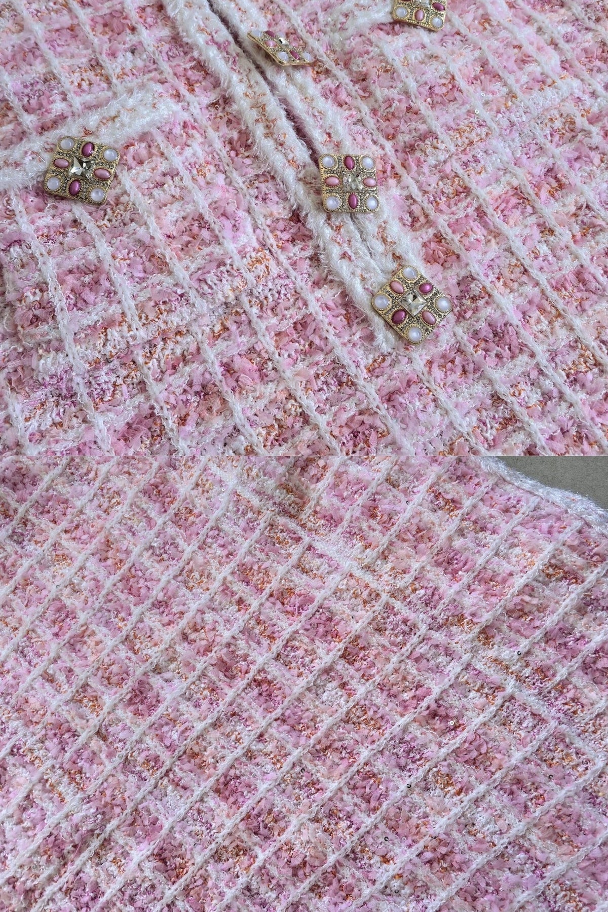 Long Sleeve Check Tweed Mini Dress with Jewel Buttons – Pink – view 4