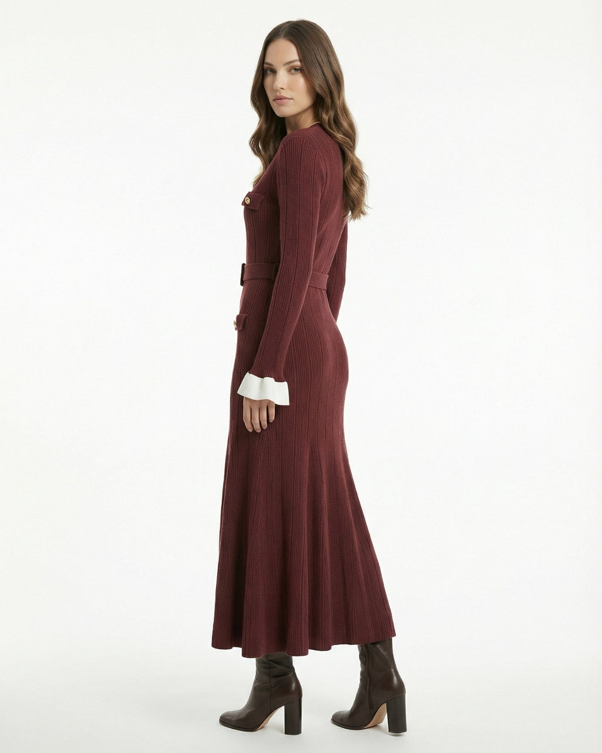 Paris-Inspired Long Sleeve Acrylic Blend Midi Dress with Belt
