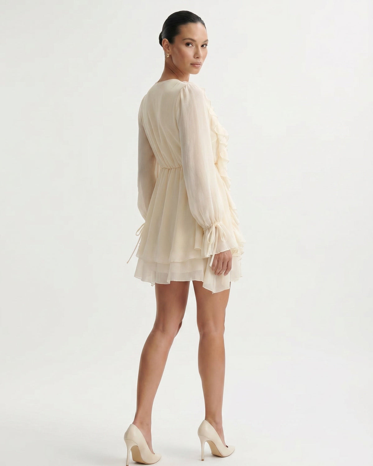 Ruffled Tie Neckline Tailored Day Dress – Apricot