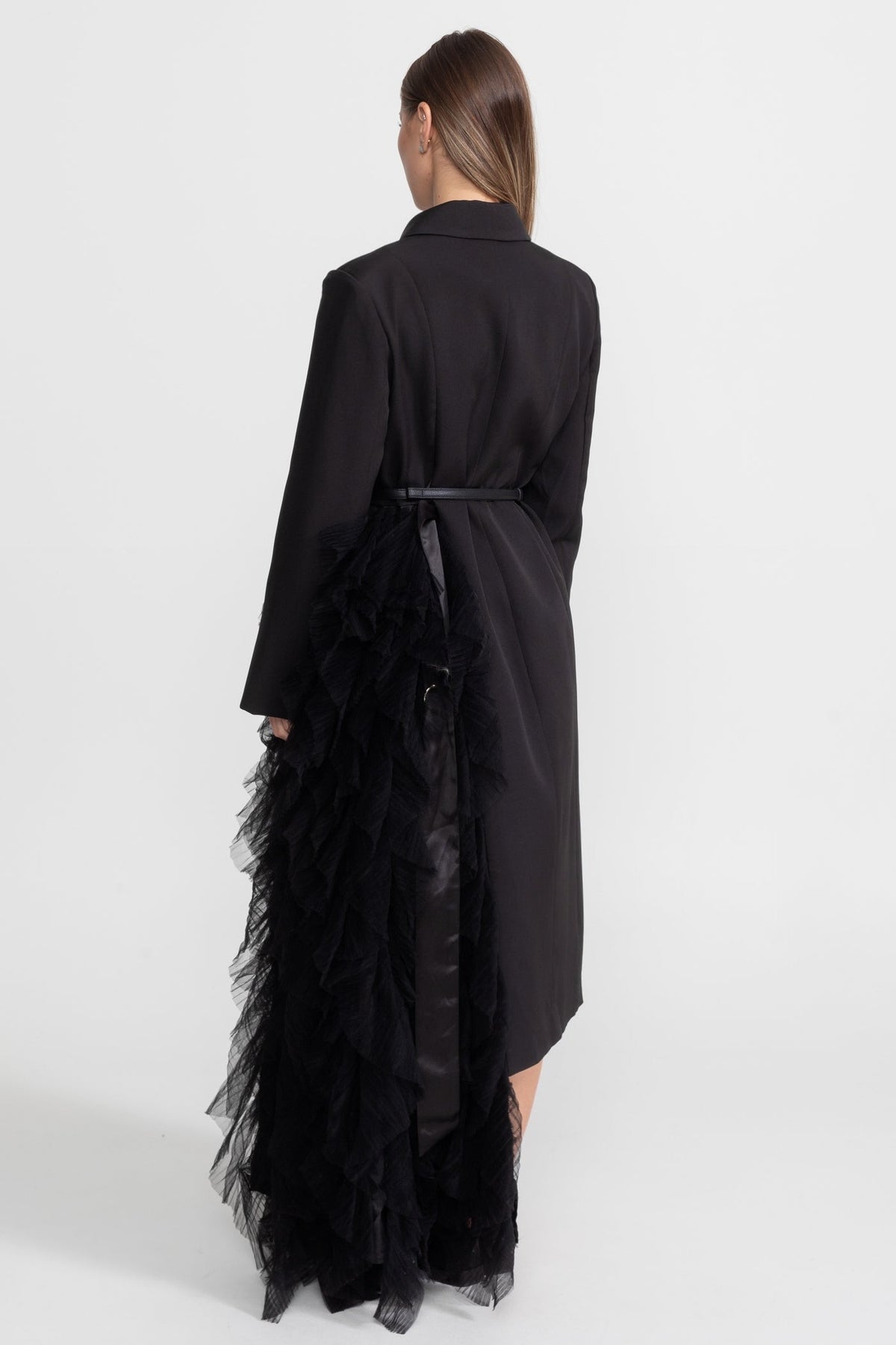Tulle Cascade Blazer Dress with Notched Lapels and Belt – Black – view 3