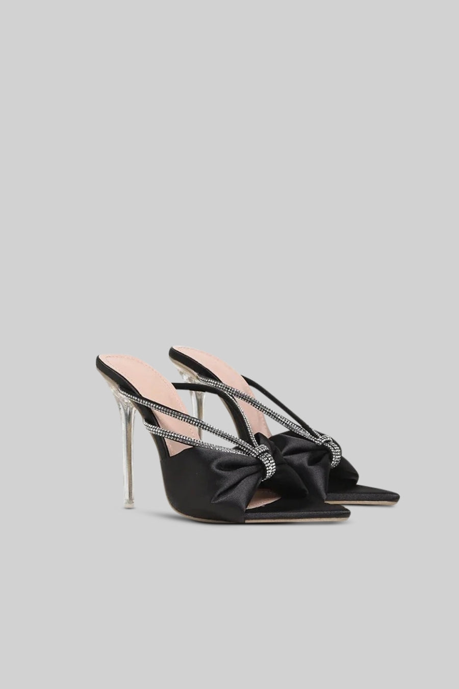 Embellished Satin Ribbon Sandals with Transparent 11cm Heel – Black – view 1