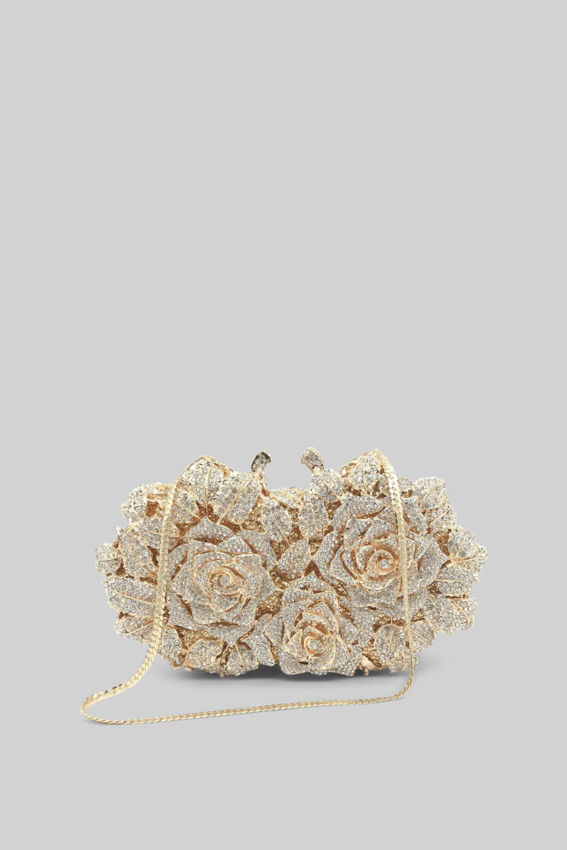 Crystal Embellished Clutch Bag with Chain Strap – Gold – view 1