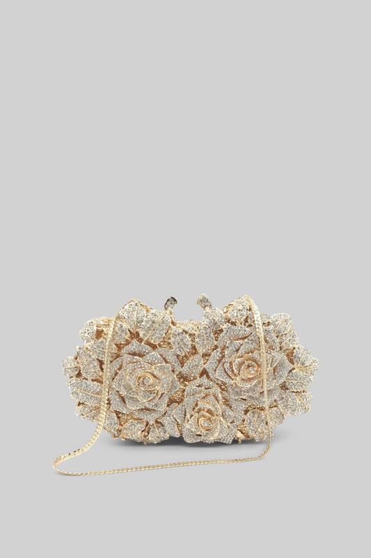 Crystal Embellished Clutch Bag with Chain Strap – Gold