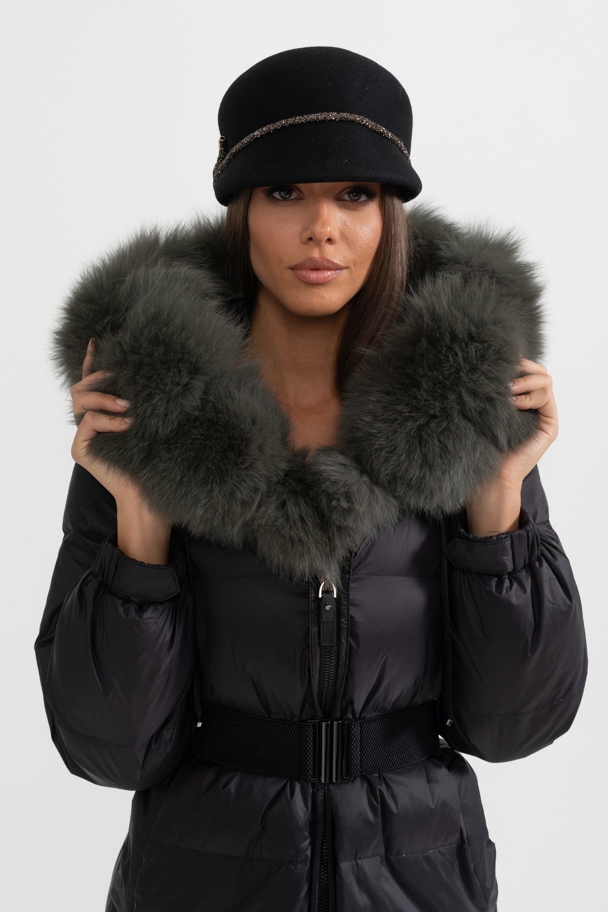 Long Duck Down Puffer Jacket with Black Lined Hood – Black