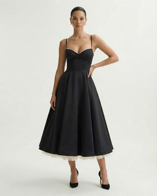 Giulia Duchess Satin Midi Dress with Tulle Underskirt – Black