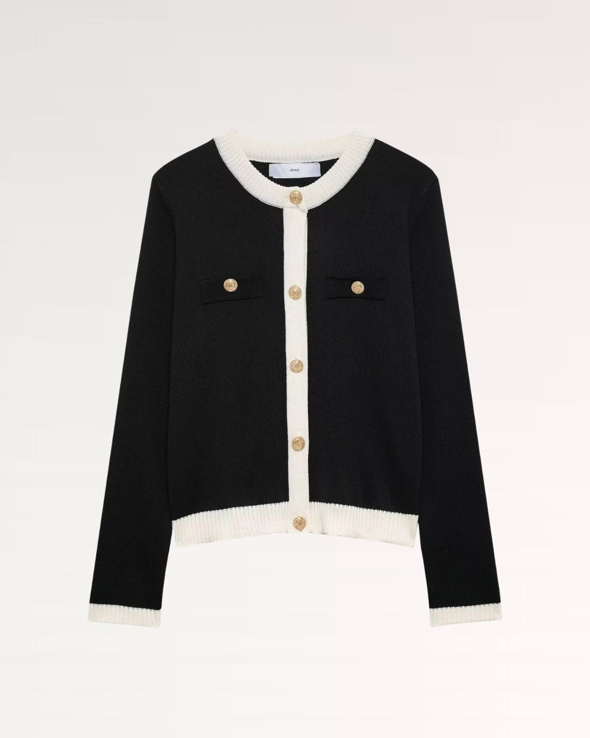 Franziska Slim Fit Ribbed Trim Cardigan with Pearl Buttons – Black – view 1