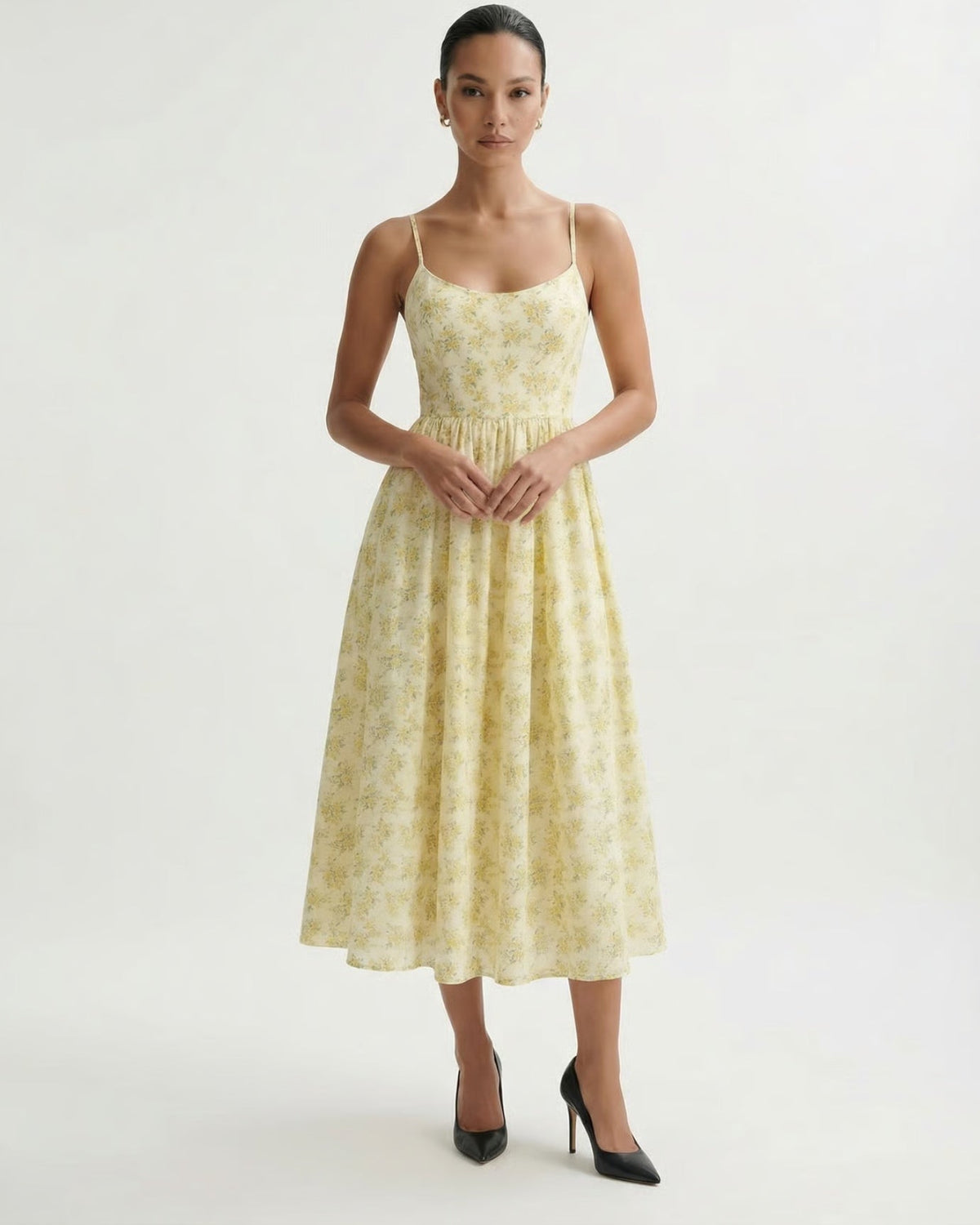 Mira Border Detail Cotton Blend Printed Dress – Yellow Floral – view 3