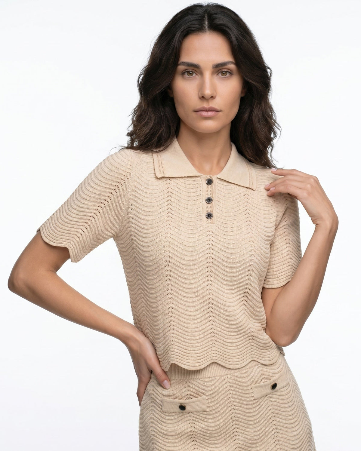 Jacquard Flowing Top and Short Skirt Two-Piece Set – Apricot – view 5