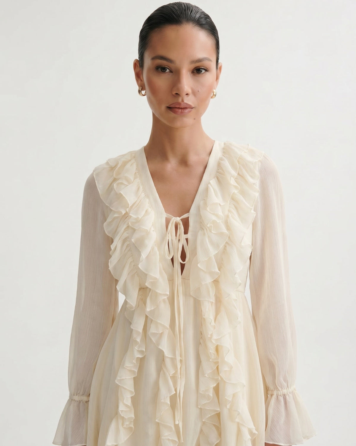 Ruffled Tie Neckline Tailored Day Dress – Apricot – view 5