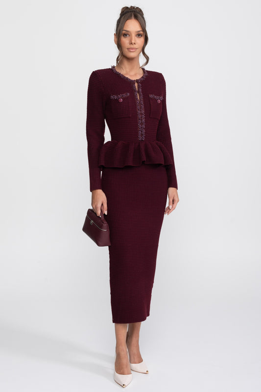 Fringe Trim Long Sleeve Knit Peplum Pencil Dress with Pockets – Burgundy
