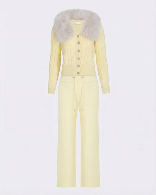 Lera Faux Fur Collar Knit Cardigan and Trousers Set