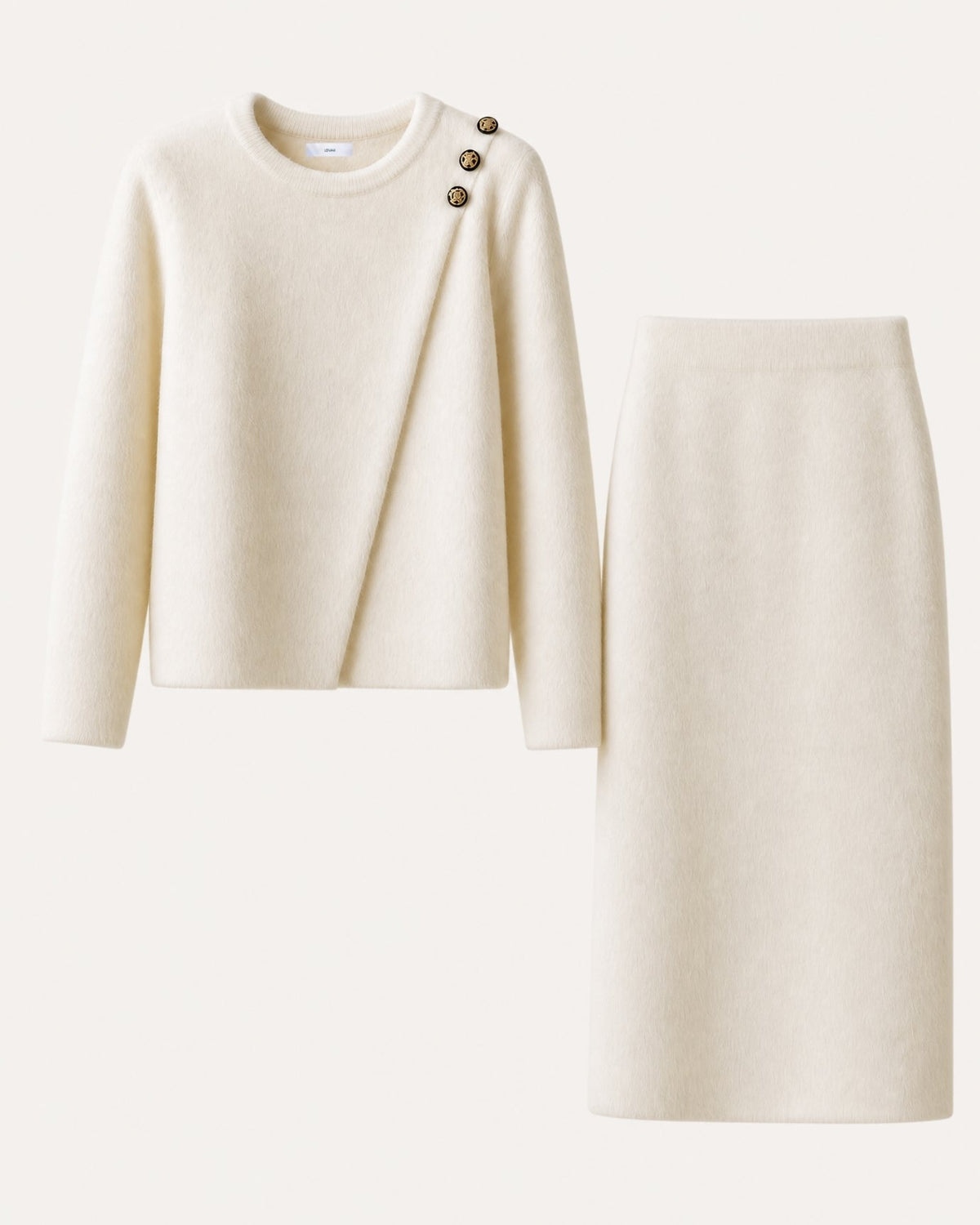 Asymmetric Patchwork Long Sleeve Knit Top and Skirt Set – White – White Set – view 1