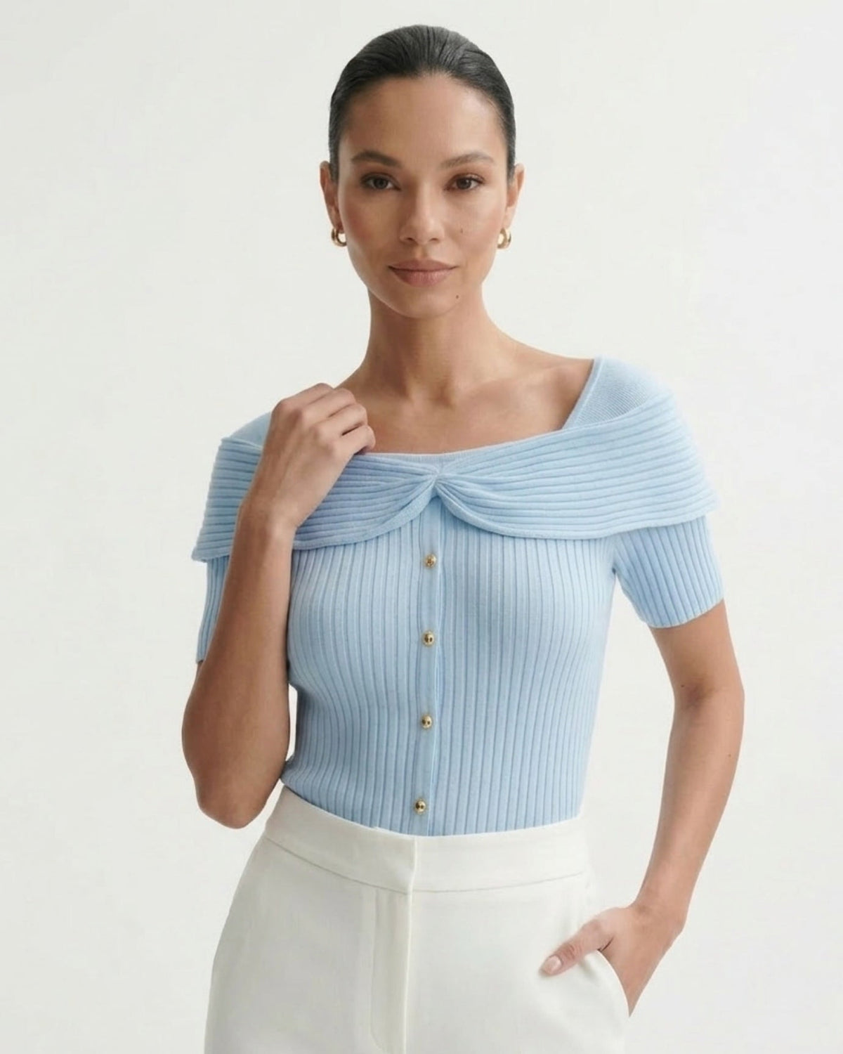 Frenchie Square Collar Short Sleeve Tailored Top