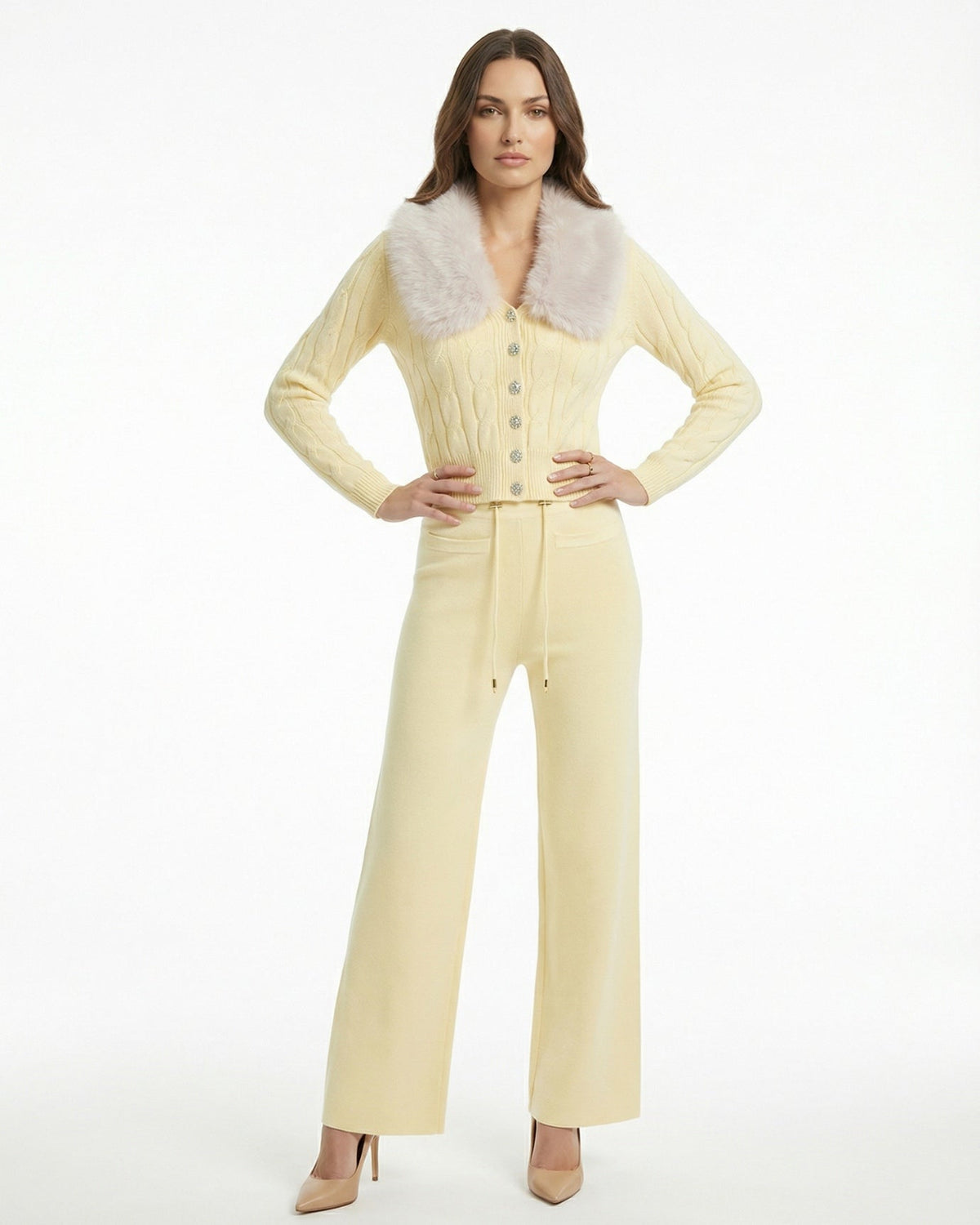 Lera Faux Fur Collar Knit Cardigan and Trousers Set – view 2