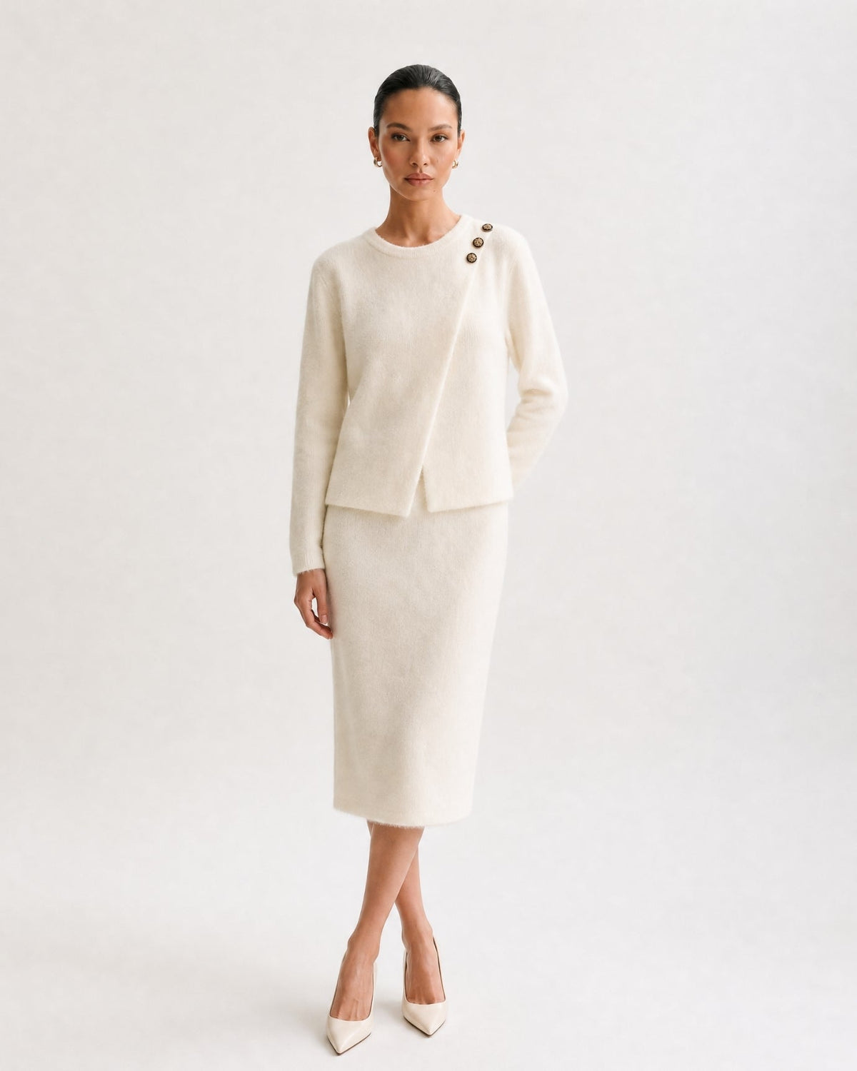 Asymmetric Patchwork Long Sleeve Knit Top and Skirt Set – White – view 2