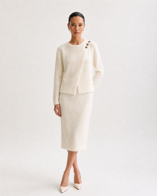 Asymmetric Patchwork Long Sleeve Knit Top and Skirt Set – White – view 2