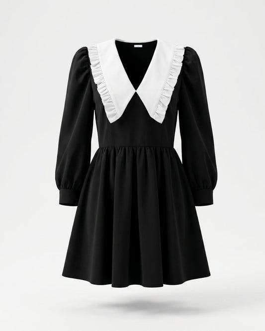 Pleated Mini Dress with Contrast Collar Detail