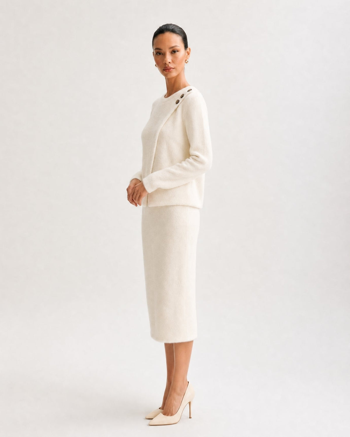 Asymmetric Patchwork Long Sleeve Knit Top and Skirt Set – White – view 3