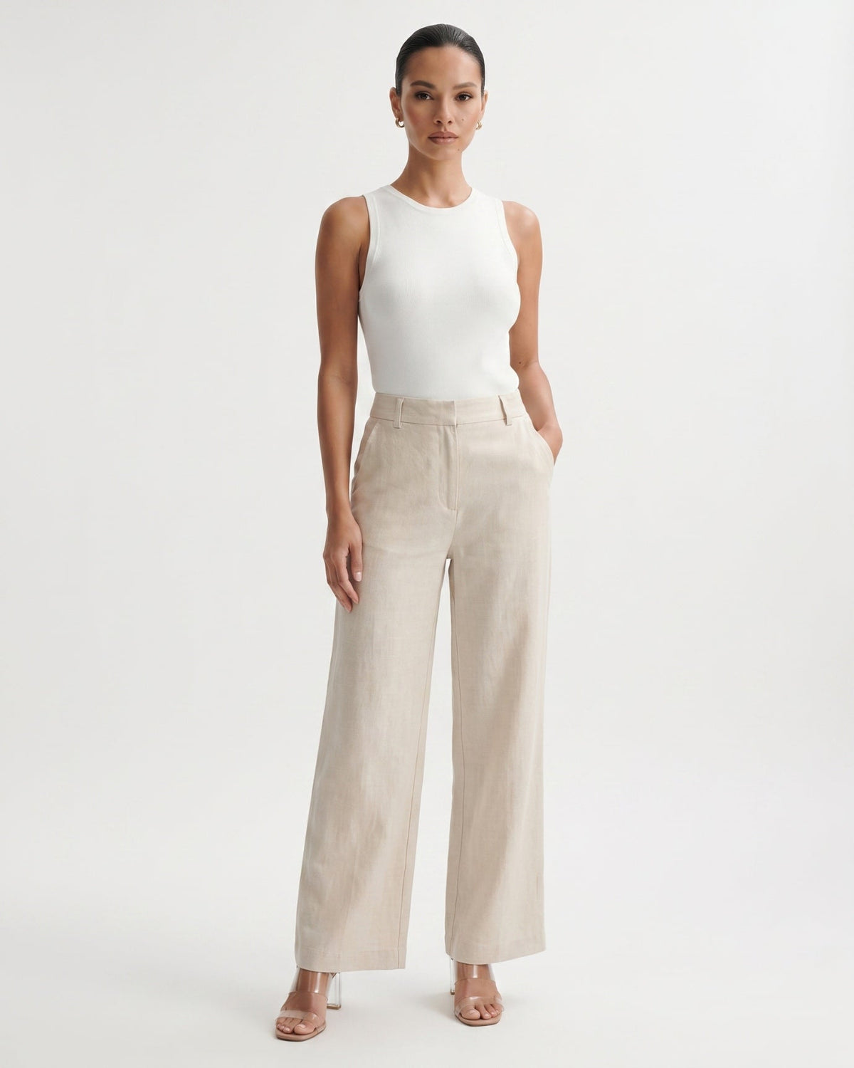 Olivia High Waisted Straight Leg Linen Blend Trousers