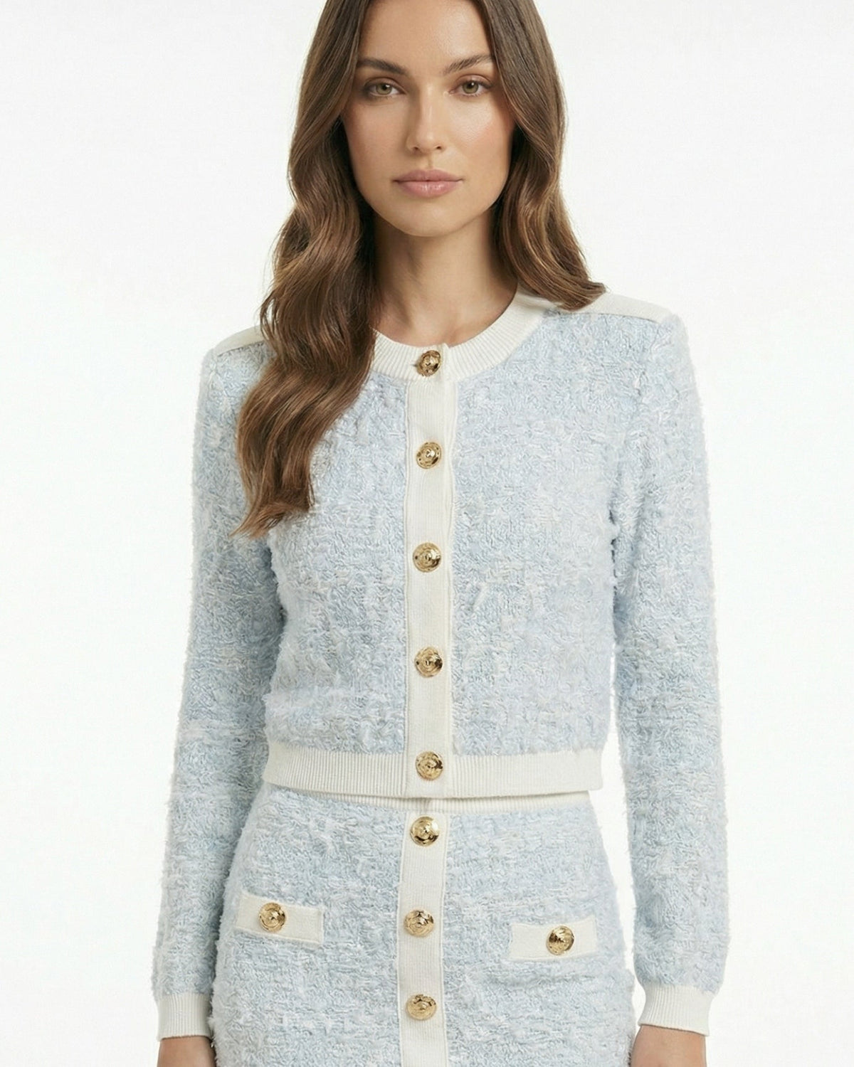 Mandelieur Colour Block Short Cardigan Jacket and Pencil Skirt Set