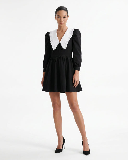 Pleated Mini Dress with Contrast Collar Detail
