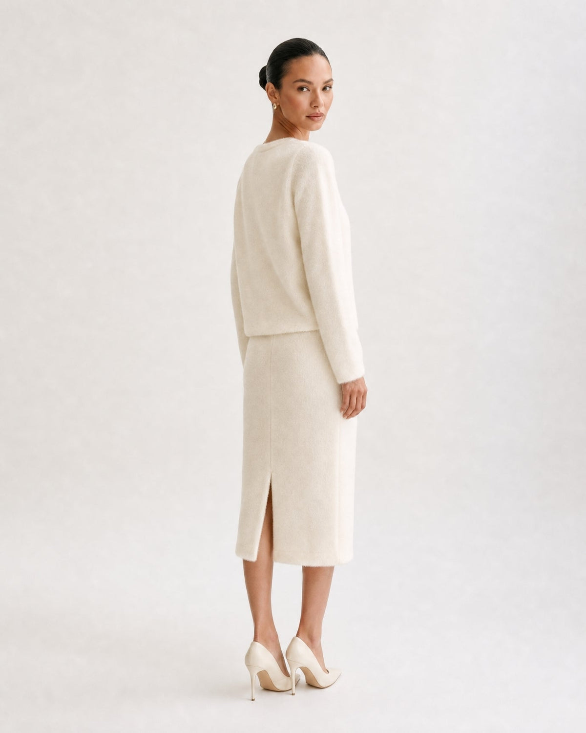 Asymmetric Patchwork Long Sleeve Knit Top and Skirt Set – White – view 4