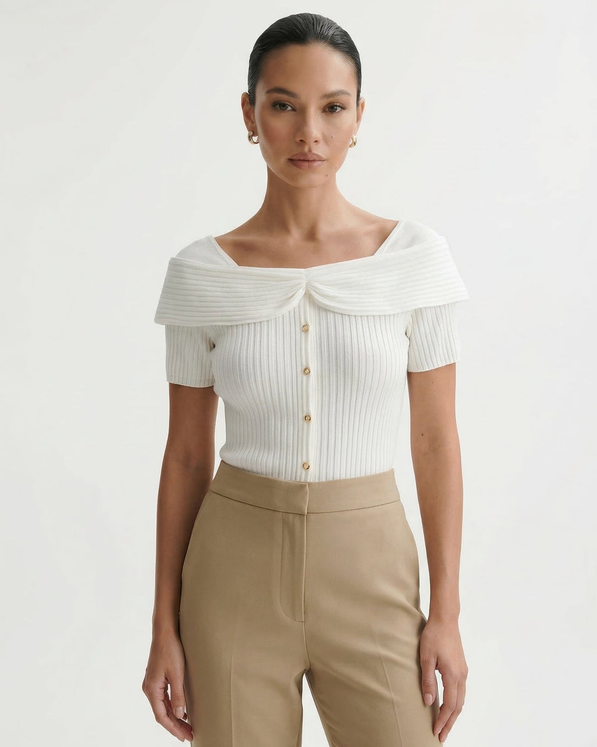 Frenchie Square Collar Short Sleeve Tailored Top – view 5