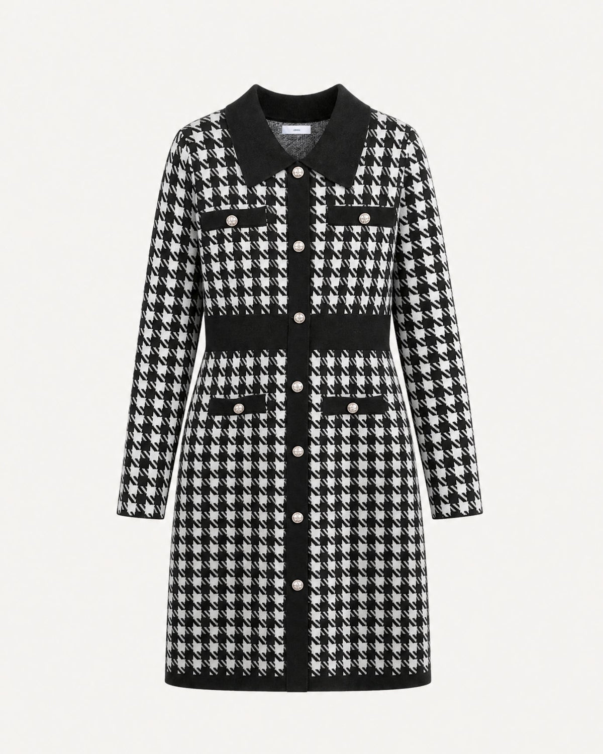 Jacquard Jersey Long Sleeve A-Line Midi Dress – Black Houndstooth