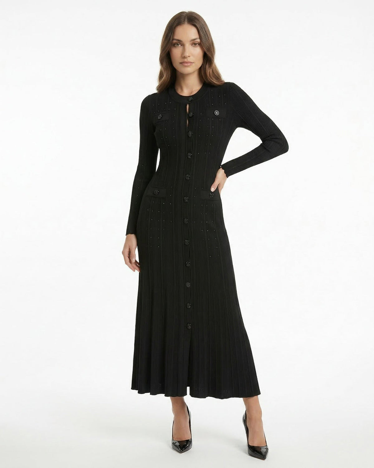 Kiara Long Textured Knit Wool Blend Dress with Relaxed Fit – view 8