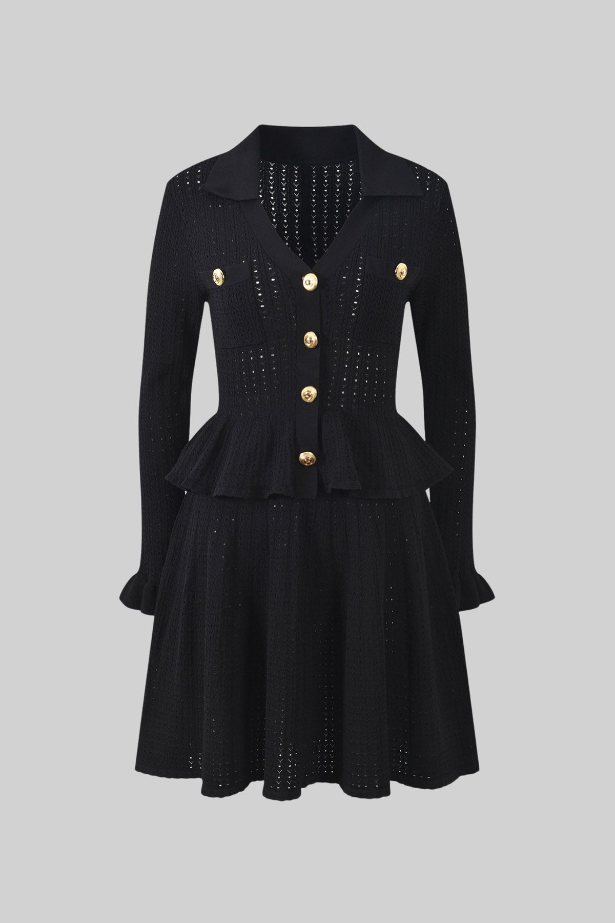 Collared Knit Mini Dress with Peplum Waist and Gold Buttons – Black – view 2