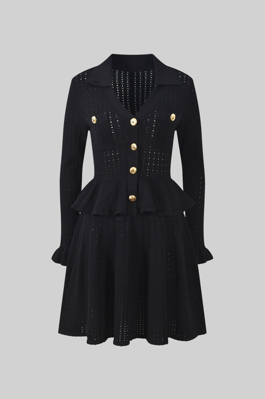 Collared Knit Mini Dress with Peplum Waist and Gold Buttons – Black – view 2