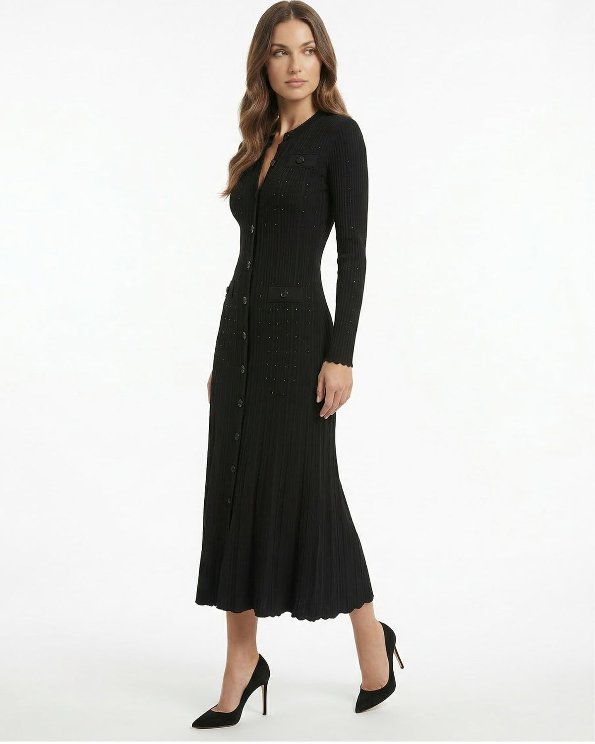Kiara Long Textured Knit Wool Blend Dress with Relaxed Fit – view 9