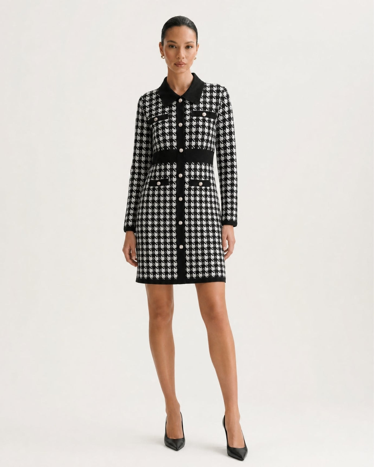 Jacquard Jersey Long Sleeve A-Line Midi Dress – Black Houndstooth – view 2