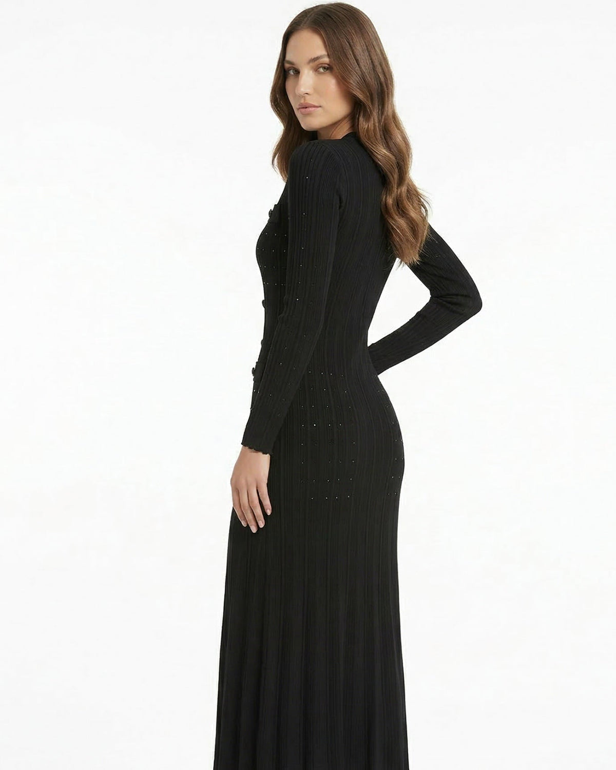 Kiara Long Textured Knit Wool Blend Dress with Relaxed Fit – view 10