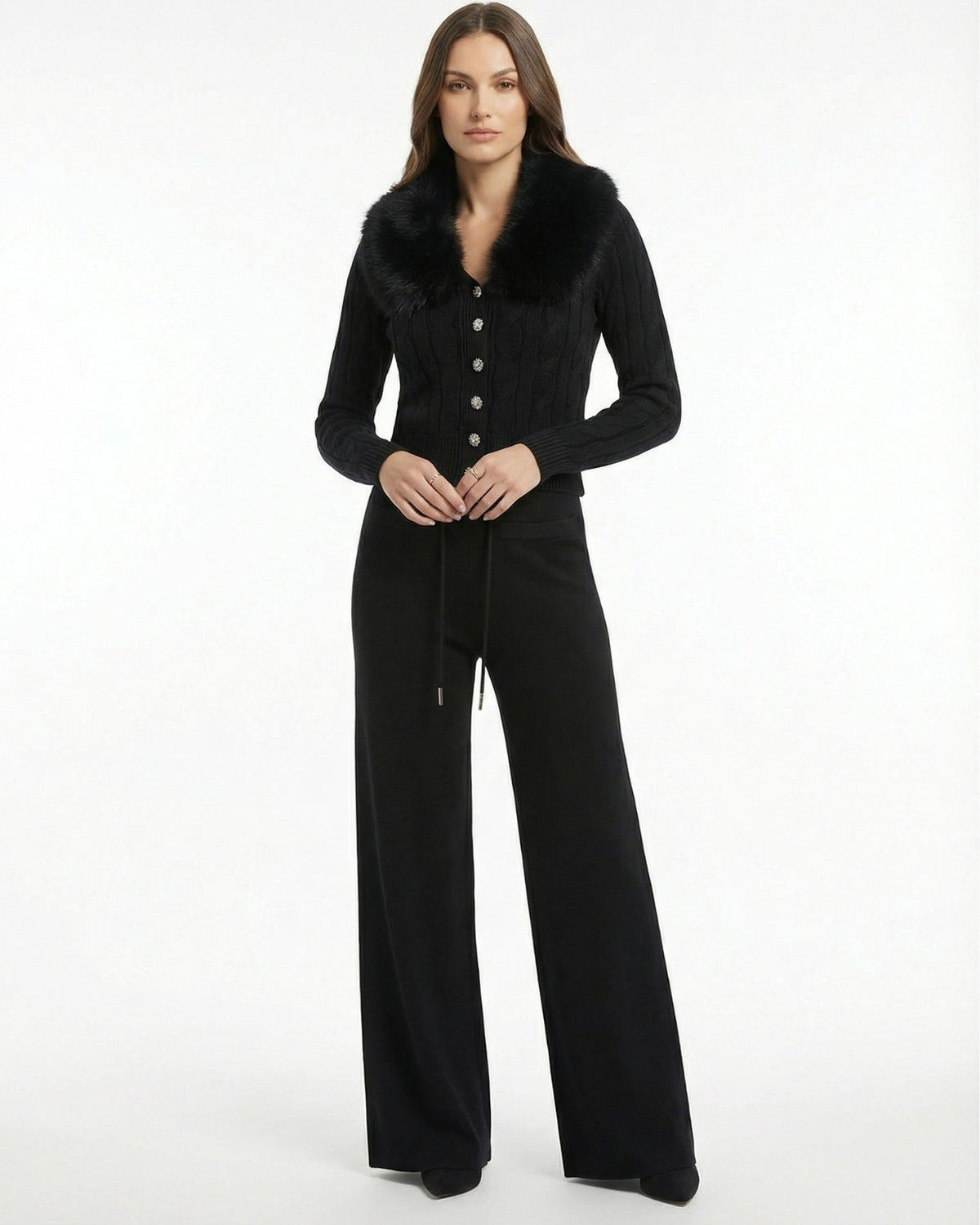 Lera Faux Fur Collar Knit Cardigan and Trousers Set