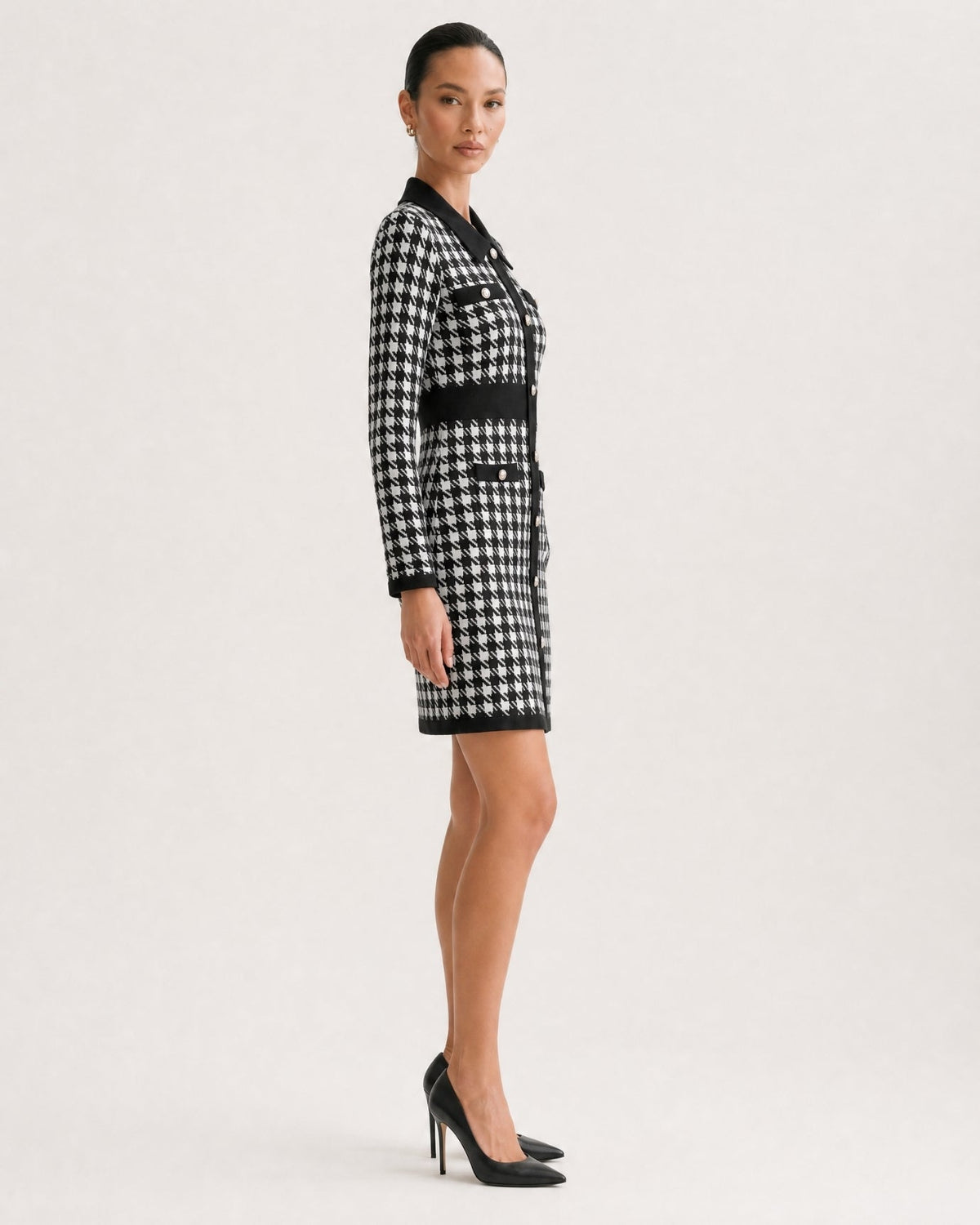 Jacquard Jersey Long Sleeve A-Line Midi Dress – Black Houndstooth – view 3