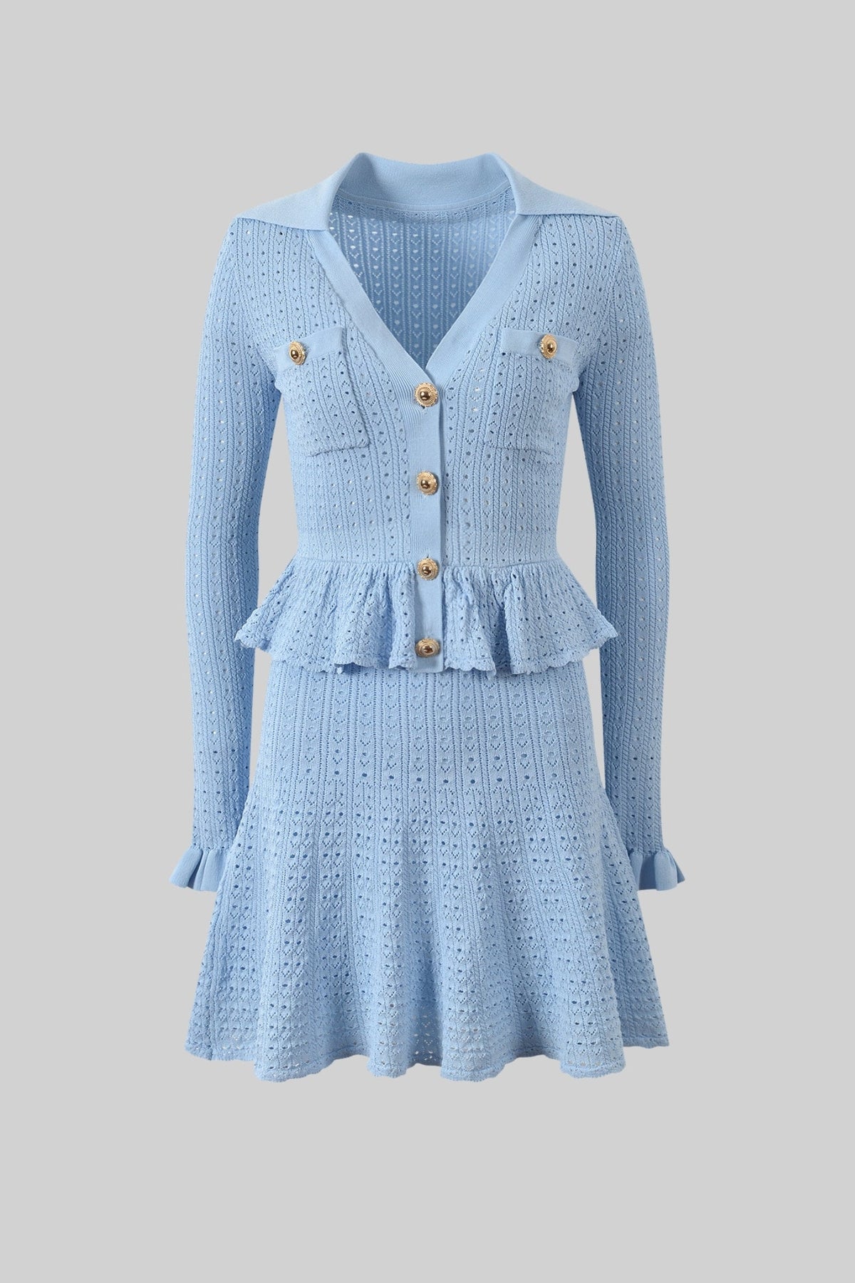 Collared Knit Mini Dress with Peplum Waist and Gold Buttons – Light Blue – view 2