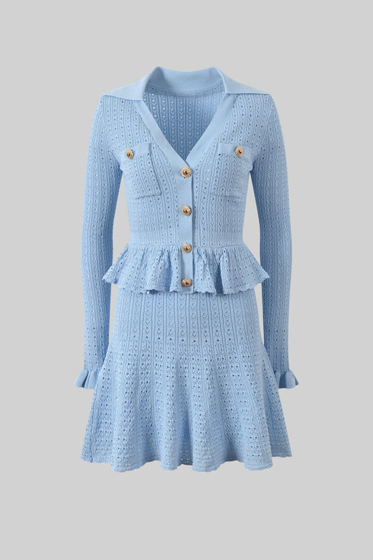 Collared Knit Mini Dress with Peplum Waist and Gold Buttons – Light Blue – view 2