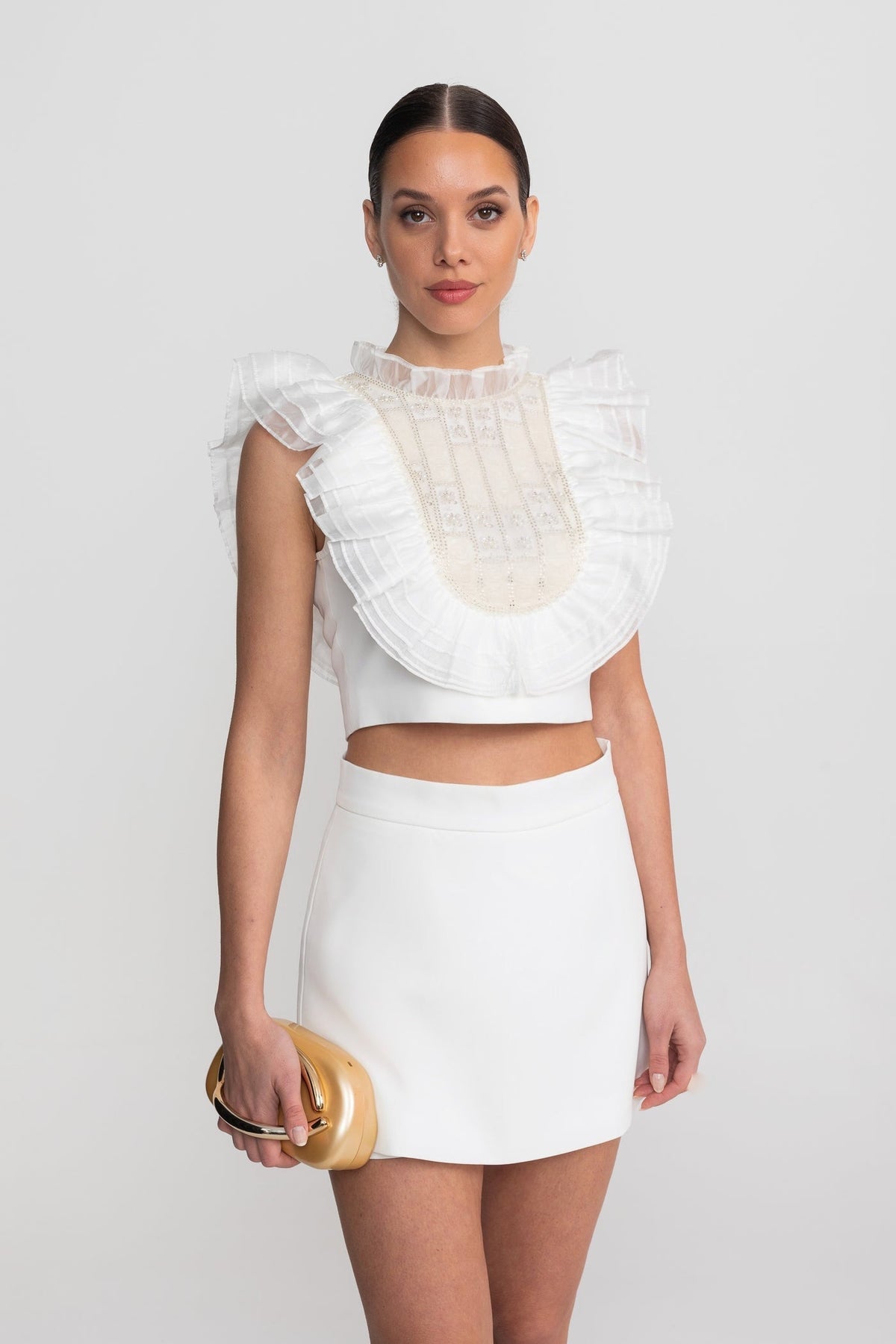 Sleeveless Pleated Ruffle Bib Crop Top and Mini Skirt Set – White – view 4