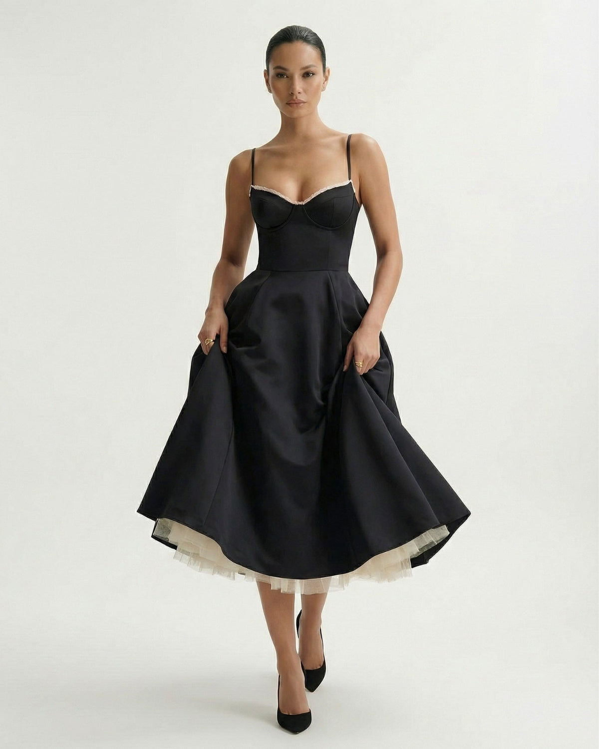 Giulia Duchess Satin Midi Dress with Tulle Underskirt – Black – view 5