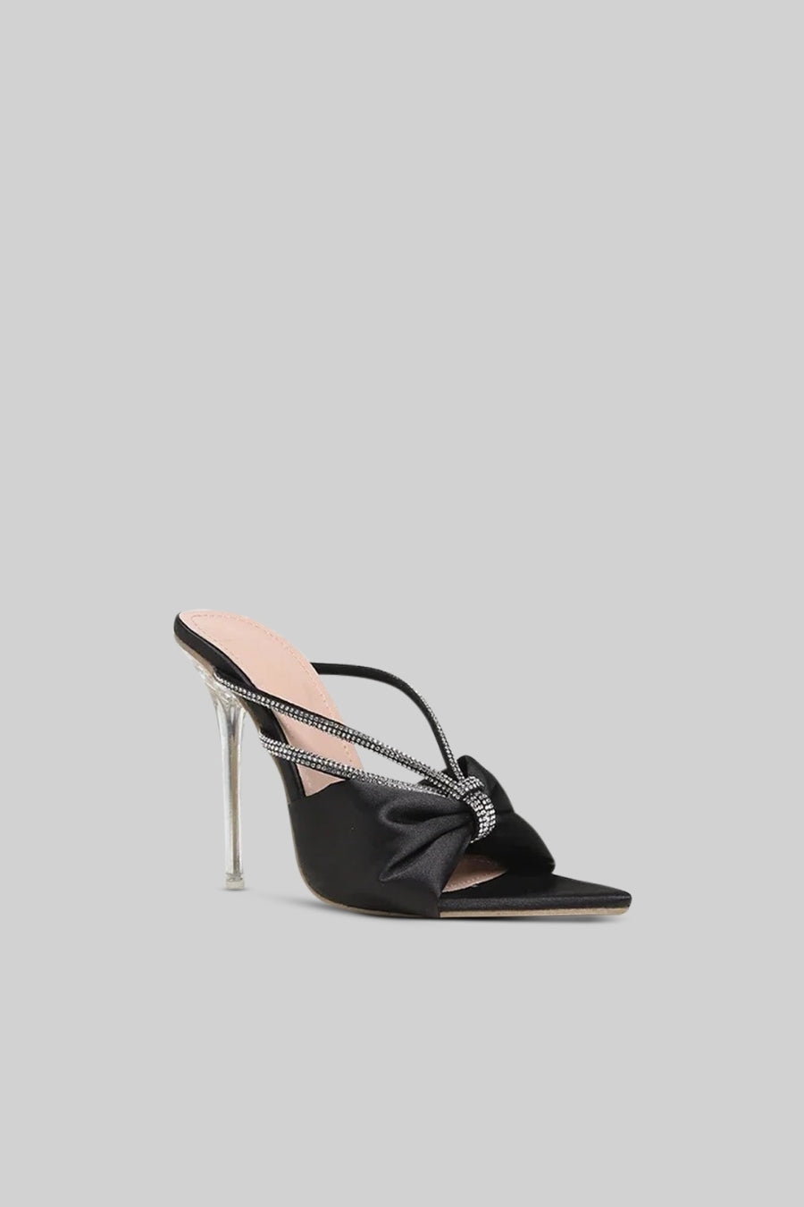 Embellished Satin Ribbon Sandals with Transparent 11cm Heel – Black – view 2