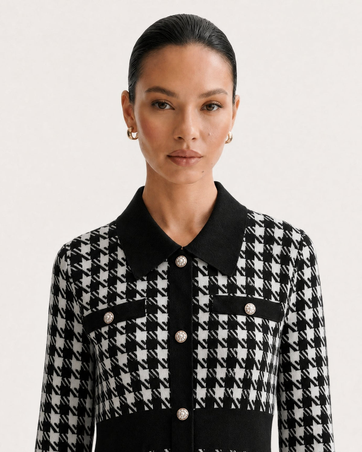 Jacquard Jersey Long Sleeve A-Line Midi Dress – Black Houndstooth – view 4