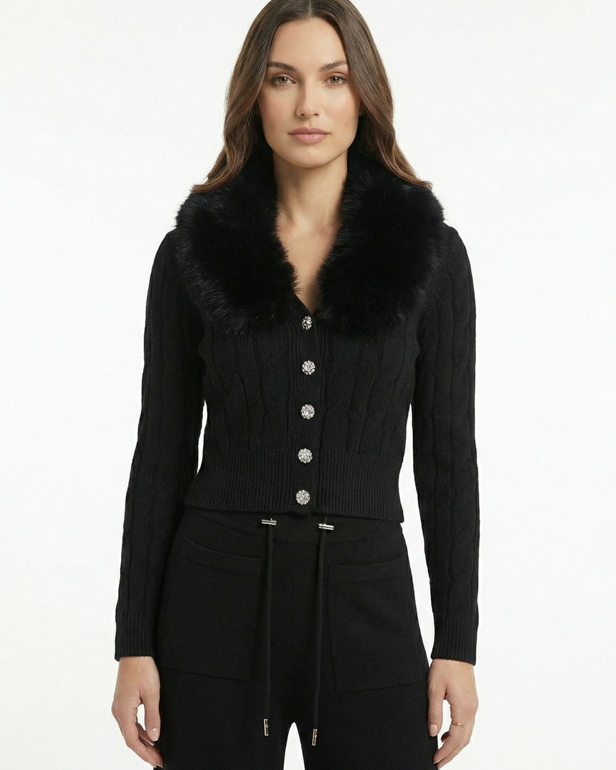 Lera Faux Fur Collar Knit Cardigan and Trousers Set